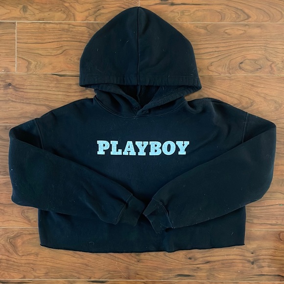 PLAYBOY Tops - Playboy Cropped Black Hoodie Sweatshirt